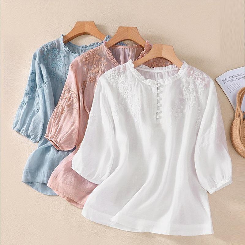 Summer Literary Loose Embroidered Flower V-neck Five-point Sleeve Shirt Women's Shirt Top