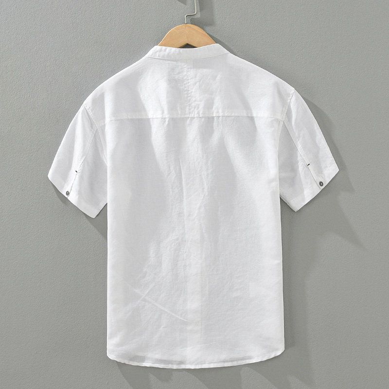 Japanese-Style Casual Stand-Collar Cotton-Linen Short-Sleeve Shirt for Men, Summer Thin Linen Shirt, Large Size