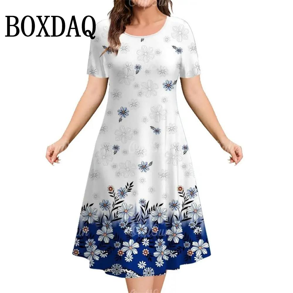 Summer Women's Dress Fashion Floral Pattern Short Sleeve Dresses Loose Plus Size Casual Round Neck Print Clothing Elegant Dress