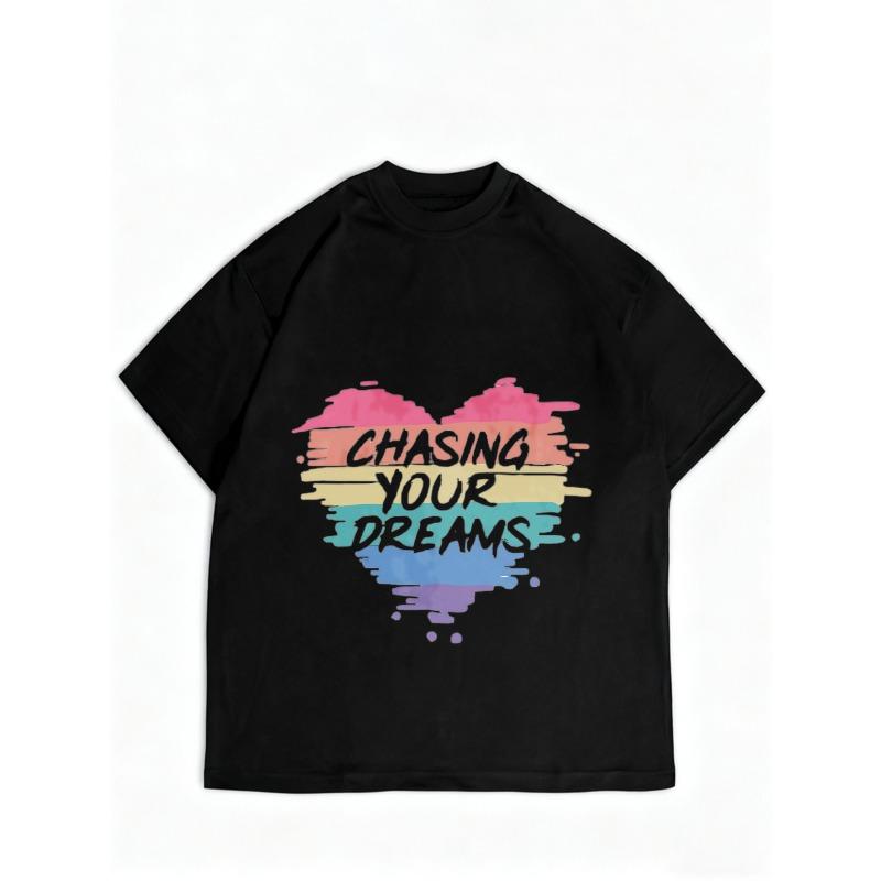 Casual Loose T Shirt Black Chasing Your Dreams Rainbow Heart Print Women Fashion Top Daily Wear Summer Outfit