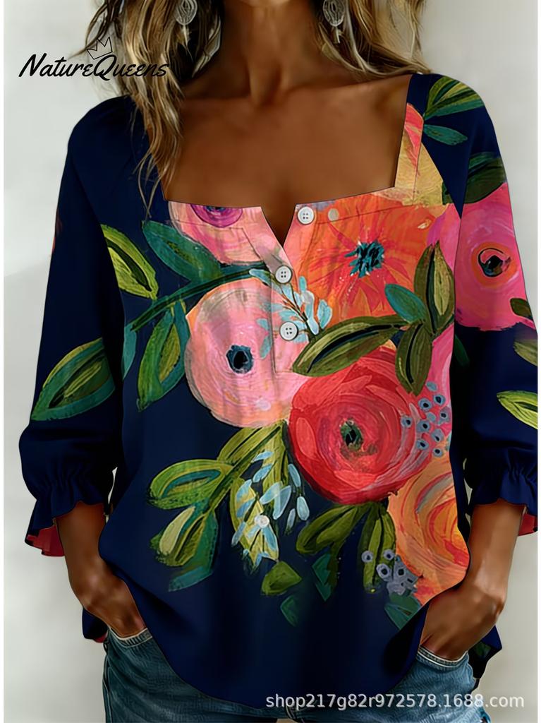 New Xiyin Summer T-Shirt Women's Printed Square Neck Button Bubble Sleeve Women's Top Women's