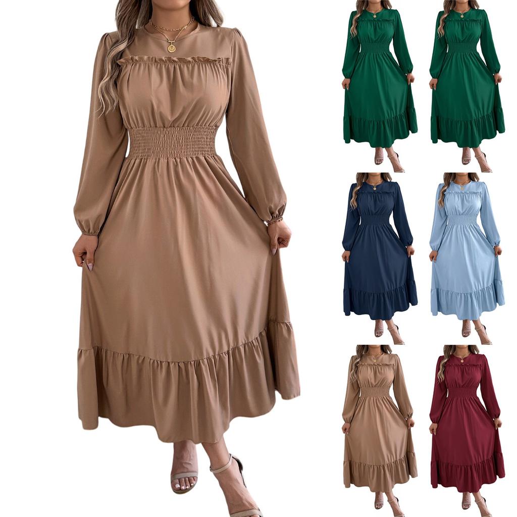 Women's Fashion Retro Solid Color Long Sleeve Waist A-Line Skirt Round Neck Pullover Dress
