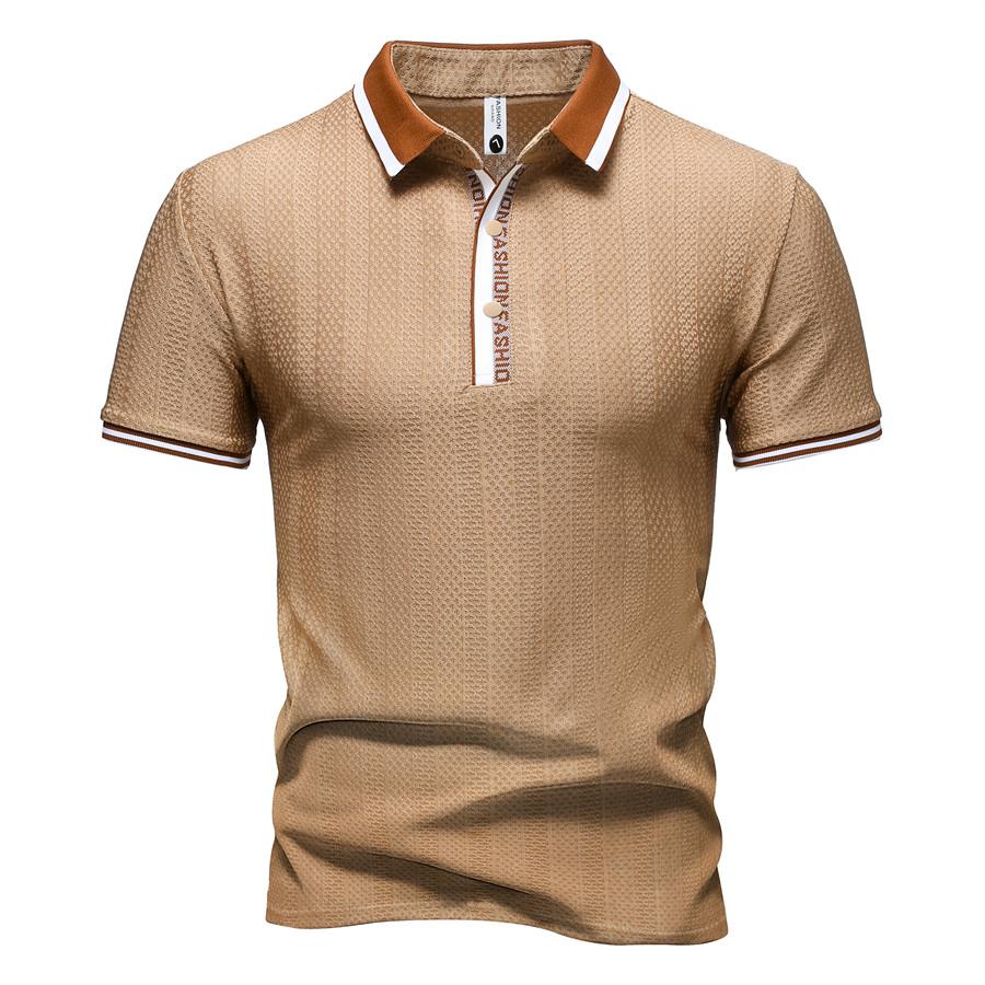 Summer Men's Slim Fit Polo Shirt Contrast Placket Letter Print Casual Texture Short Sleeve Fashionable Men's Top