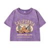 Women's Cotton Crop Tops Trend O-Neck Distressed Washed T-Shirts California Los Angeles Printing Street Clothes