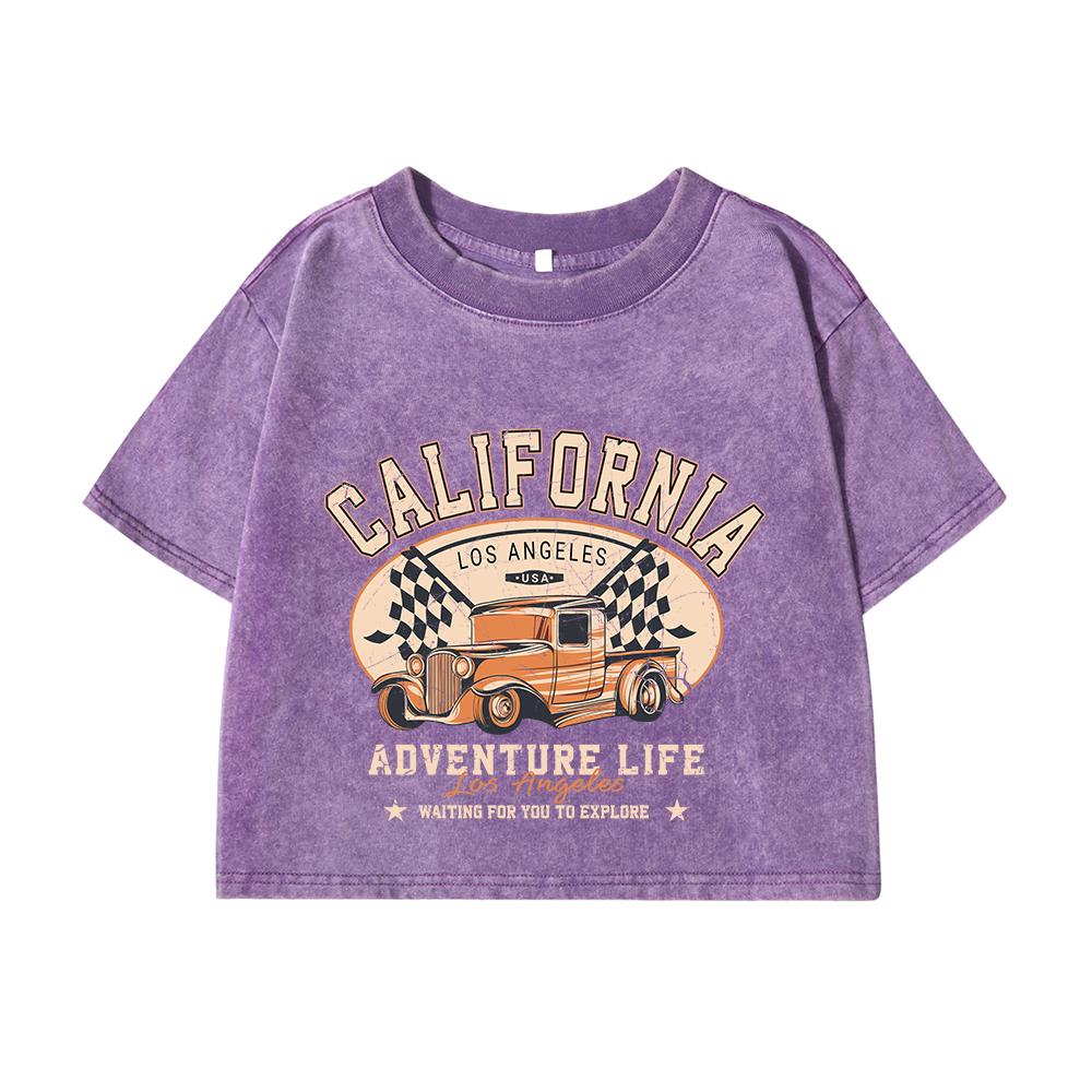 Women's Cotton Crop Tops Trend O-Neck Distressed Washed T-Shirts California Los Angeles Printing Street Clothes