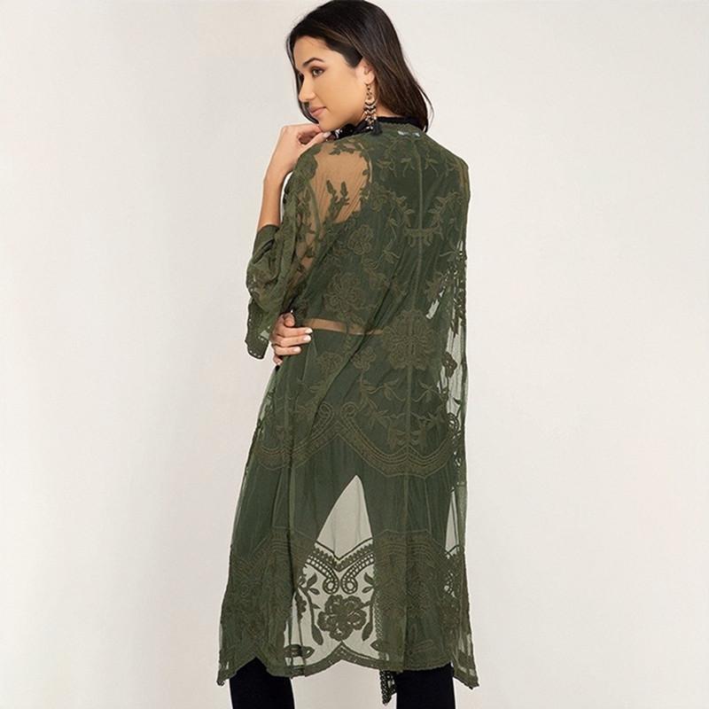 Summer New Lace Bikini Cover Up Sexy Sheer Mesh Embroidered Elegant Dress Casual Beach Cardigan Women Swimwear Cover Up Q894