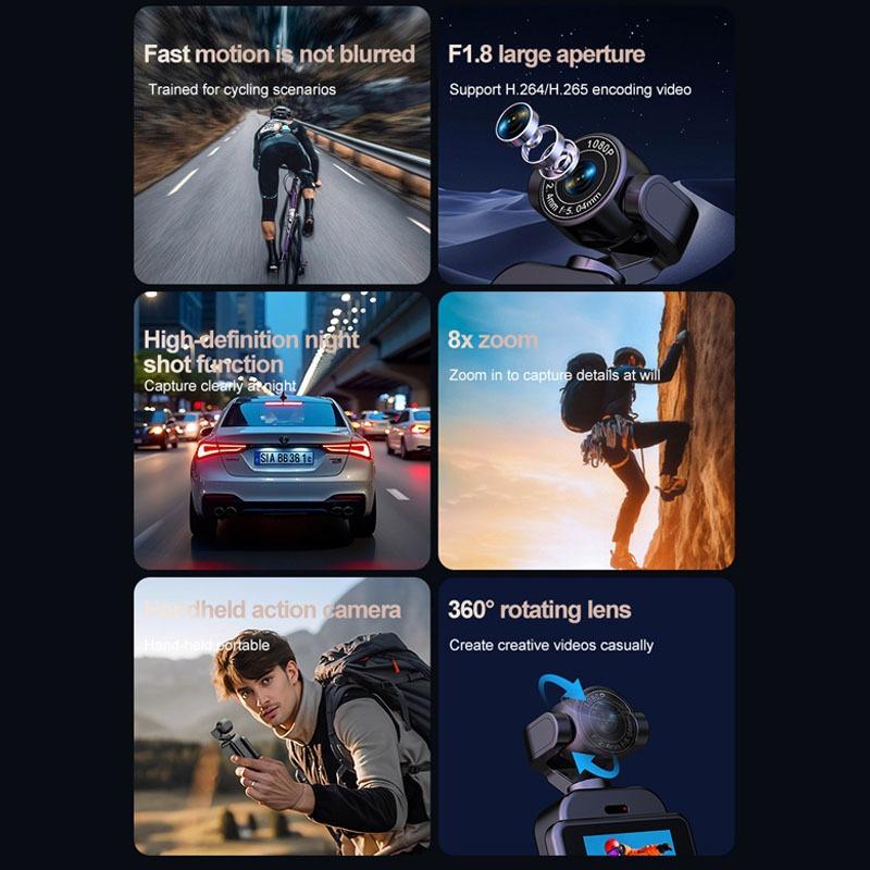 1080P HD Action Camera 360° Rotatable Lens Sports Camera with Night Vision Anti-Shake WiFi APP Control for Cycling/Travel