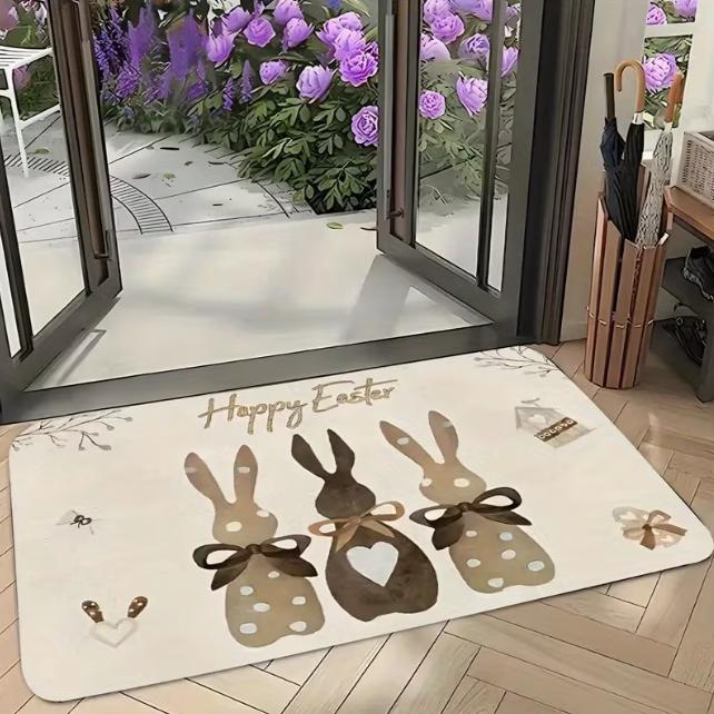 Flannel Spring Easter Bunny Easter Egg Flower Theme Print Door Mat Anti Slip Mat Carpet Spring Comfortable Floor Mat Decoration