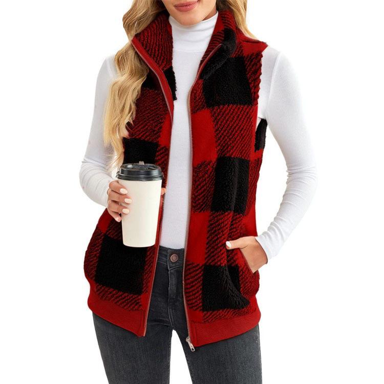 Γυναικείο Βαμβακερό Γιλέκο Καρό με Όρθιο Κολάρο και Φερμουάρ 2025 - Συλλογή Φθινόπωρο/Χειμώνας