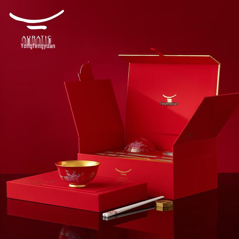 Yongfengyuan Golden Fortune Red Ceramic Rice Bowl Set