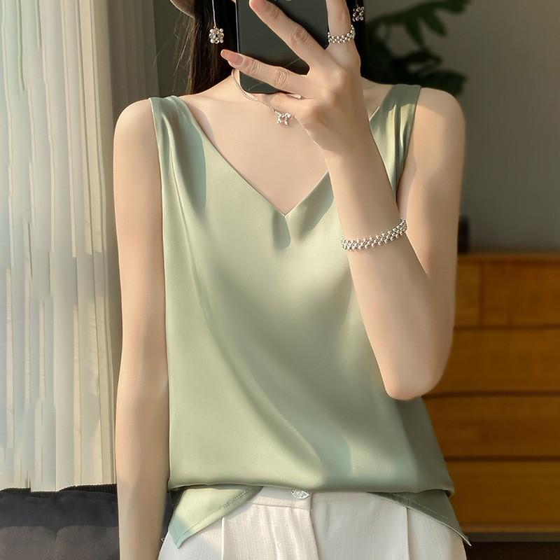 Women's Spring and Summer Solid Color Loose Silk Satin Halter Bottoming Shirt Simple Casual Sleeveless Tops