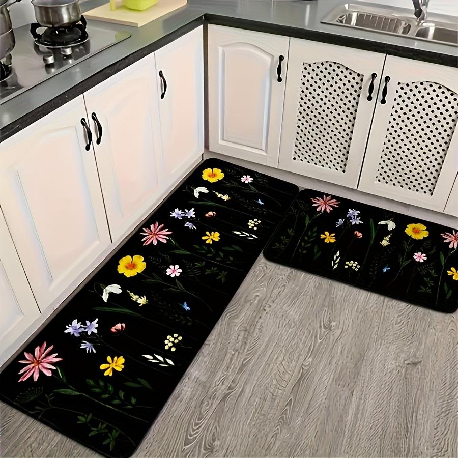 1Pcs Black Color Flower Pattern Floor Mat Modern Kitchen Polyester Rug Non-Slip Colorful Indoor Carpet, For Home Bathroom Bedroom Living Room Decor