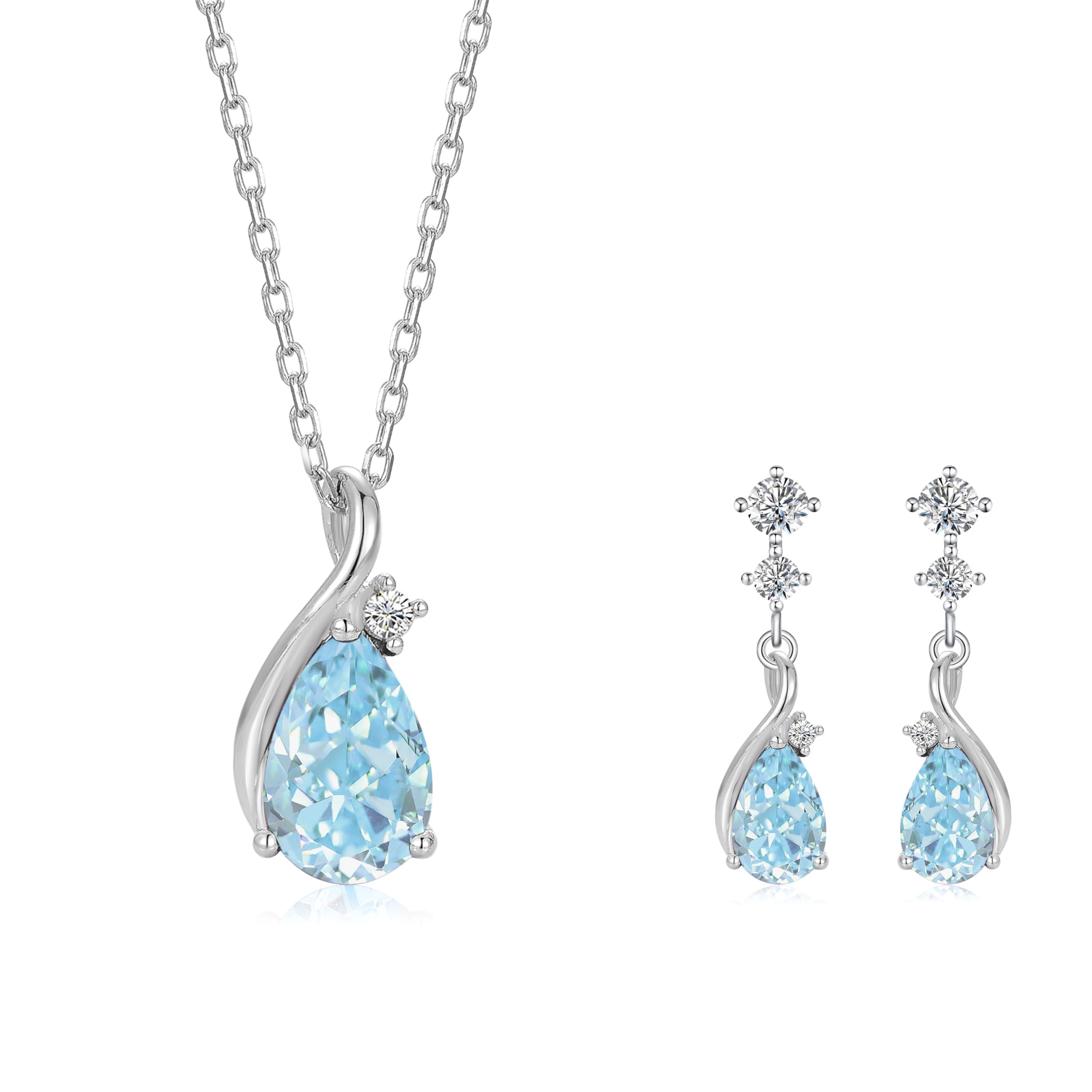 

Aquamarine Earrings Popular Blue 925 Metal Allergy Light March Birthday Gift for [FH.bird] Necklace, Women s Set, Love Stone Silver, Friendly,