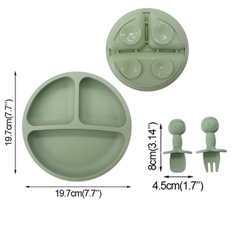 Children's Silicone Divided Plate & Cartoon Bear Spoon Fork Set - Drop-Proof Infant Feeding Tableware