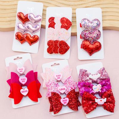 3pcs/set Girls Valentine's Day Hair Bows Kids Hair Clips Heart Bows Barrettes Clips Valentine's Day Bows Party Hair Accessories