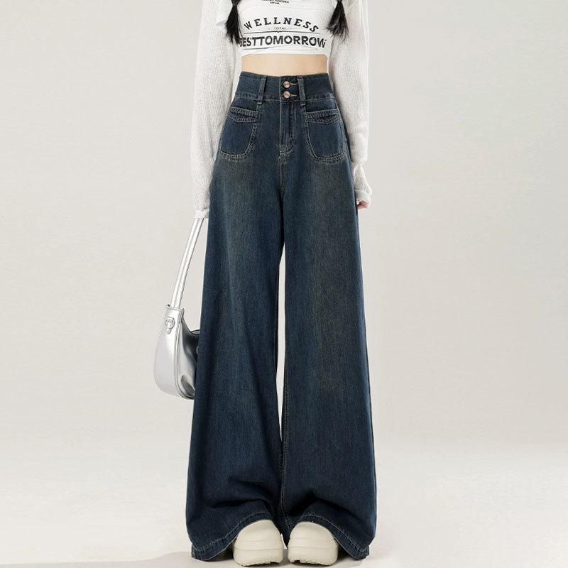 

Women’s Plus Size Retro Wide-Leg High Waist Jeans with Double Buttons and Back Leather Patch, Floor-Length Loose Fit. XL
