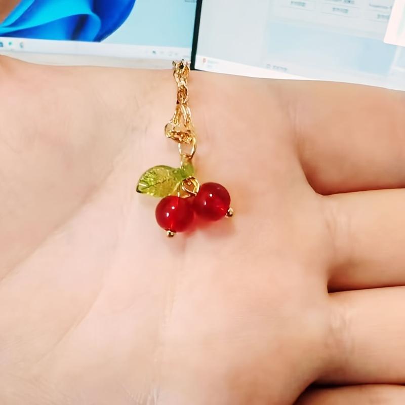 Stainless Steel Plated Cute Red Cherry Fruit Series Pendant Necklace Clavicle Chain for Women Vacation Gift