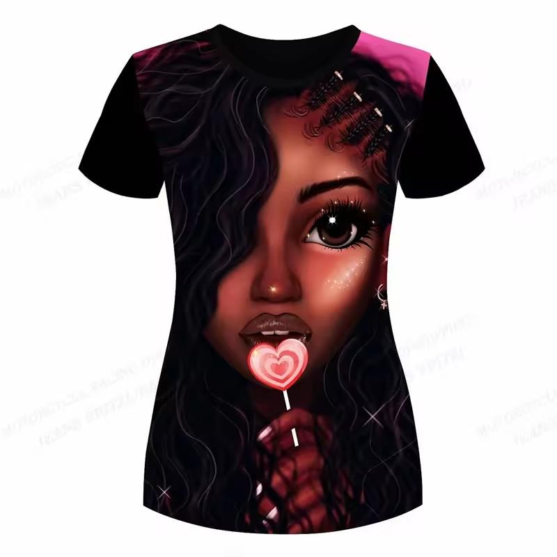 Melanin Girl Natural Hair Pattern T-shirt, women's T-shirt, African casual short-sleeved round-neck top T-shirt