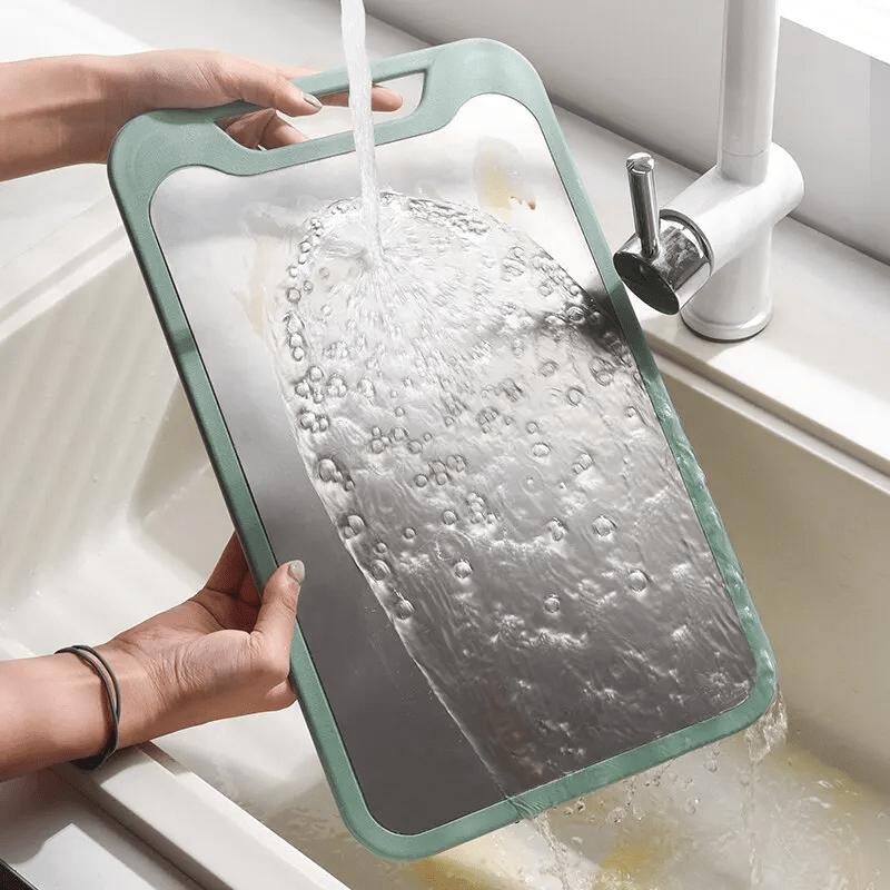 1 stainless steel cutting board with non-slip mat & grinding groove, durable multi-use kitchen tool for veggies and fruits