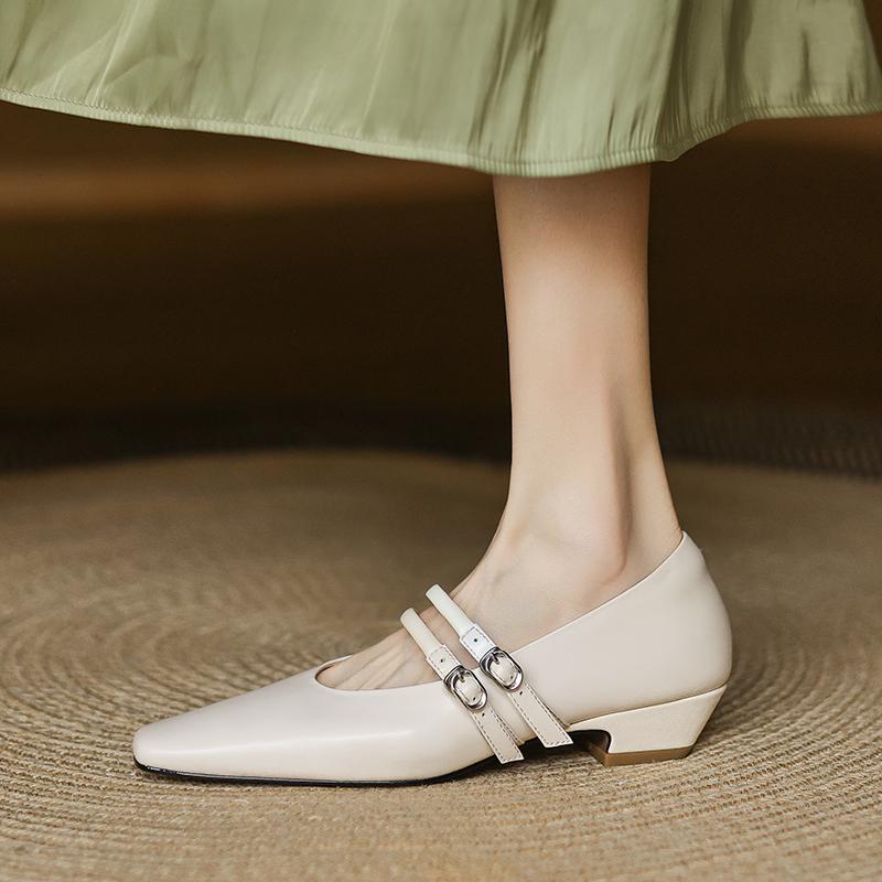 Fashion NEW Spring/Autumn Women Pumps Genuine Leather Shoes for Women Square Toe Chunky Heel Shoes Concise Metal Buckle Mary Jane Shoes