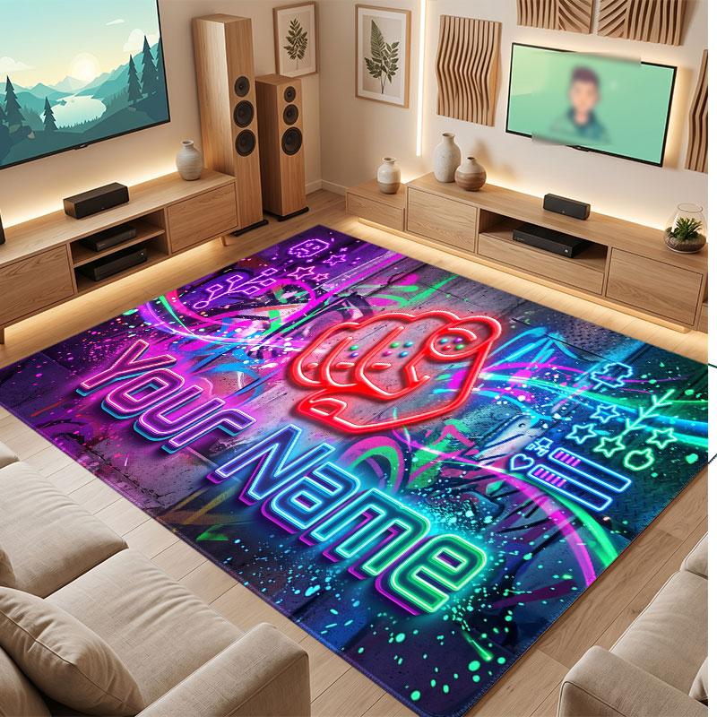 Neon Colorful Theme Crystal Velvet Floor Rug Personalized Custom Name Text Warm Carpet Home Decoration