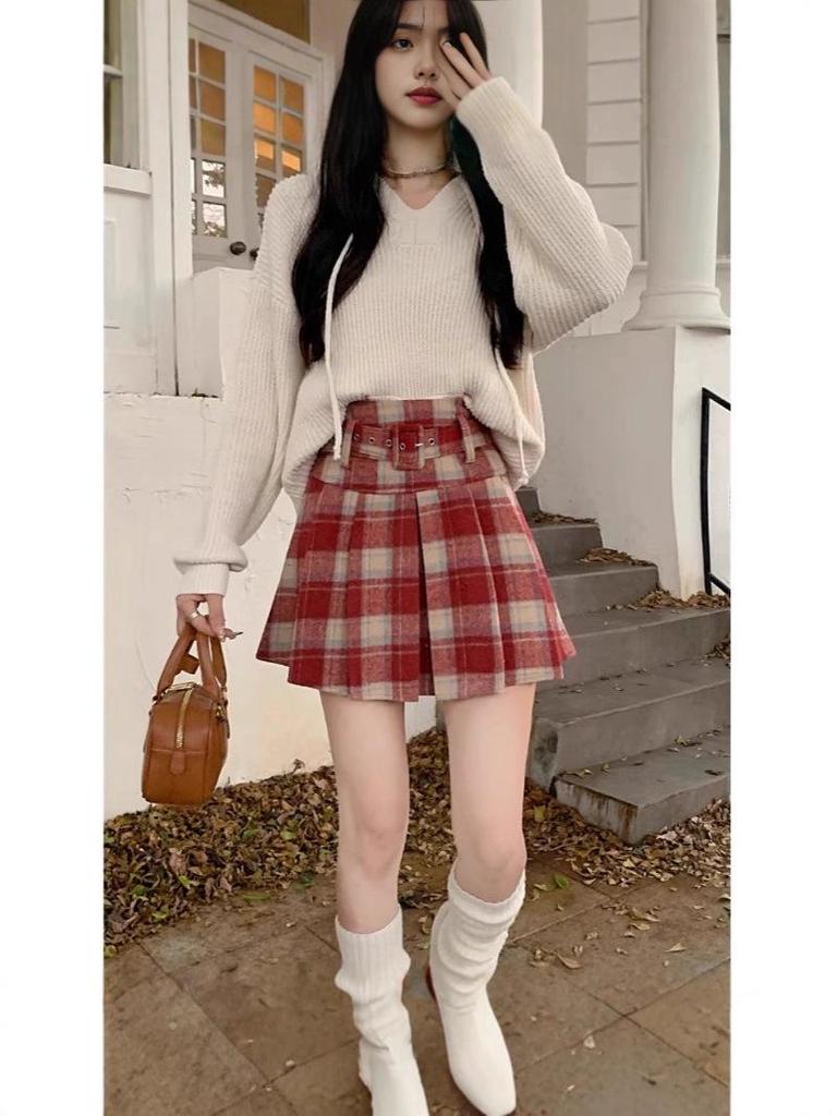 Autumn 2025 Plus Size High-Waist Plaid Pleated Skirt for Women