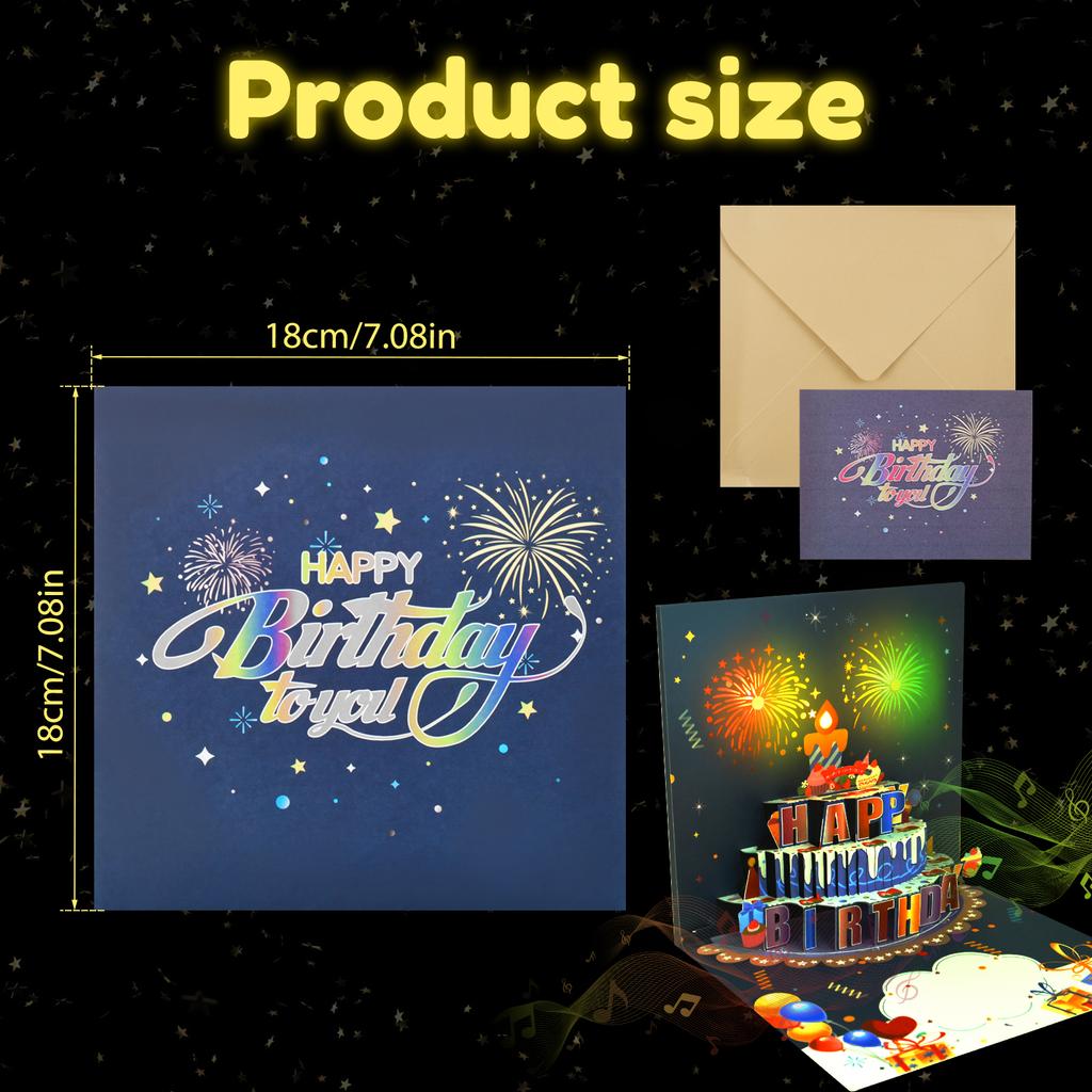 Karty urodzinowe Światła i dźwięk Pop-up Karta urodzinowa z fajerwerkami Karty urodzinowe z życzeniami 3D Pop-up 3D Pop-Up z kopertą