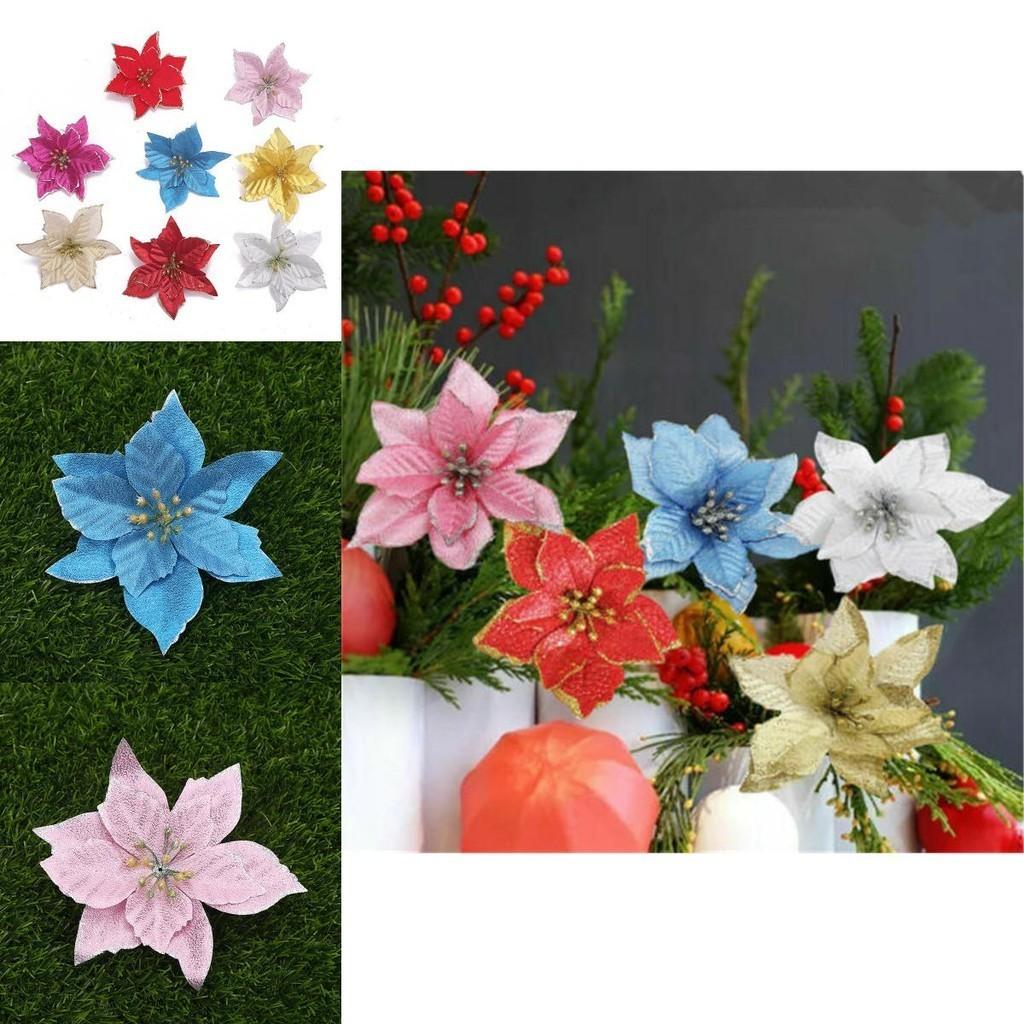 Eye-catching 10pcs Christmas Large Poinsettia Glitter Flower Decor For Home And Party