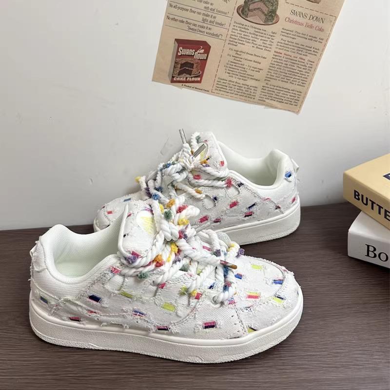 Fairy bean Regenbogen-Gitter Leinwand Schuhe Damen Herbst atmungsaktive Plateau weiße Studentenschuhe vielseitige Nischen Sport- und Freizeitschuhe