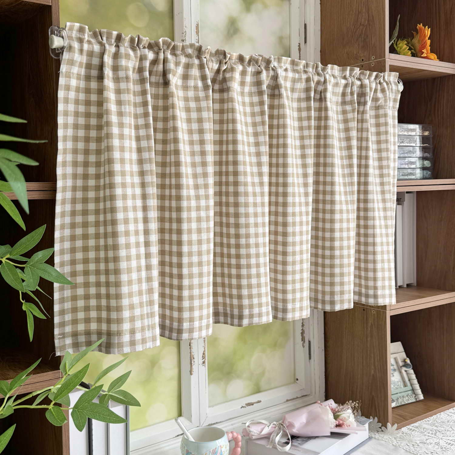 1 STuks Moderne Abrikoos Wit Ruit Korte Gordijn voor Keuken Klein Raam Cafe Kast Huisdecoratie Jaloezieën W100CM X H55CM(1PC)&Special Rod Pocket