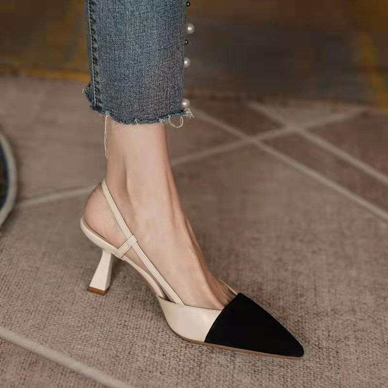

Summer new women s shoes color matching retro pointed high heels with thick heels single shoes bag head empty sandals 36