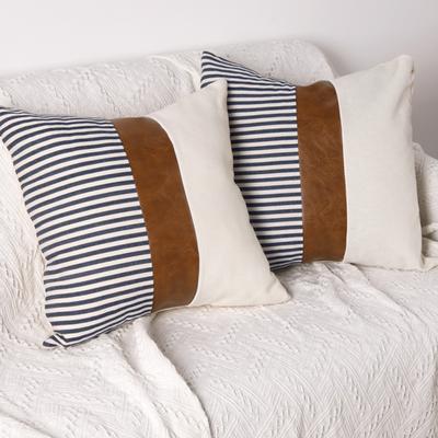 Pu+linen Linen Stitching Pillowcase Sofa Waist Cushion Pillow Cover Stripe Simple Cushion Case