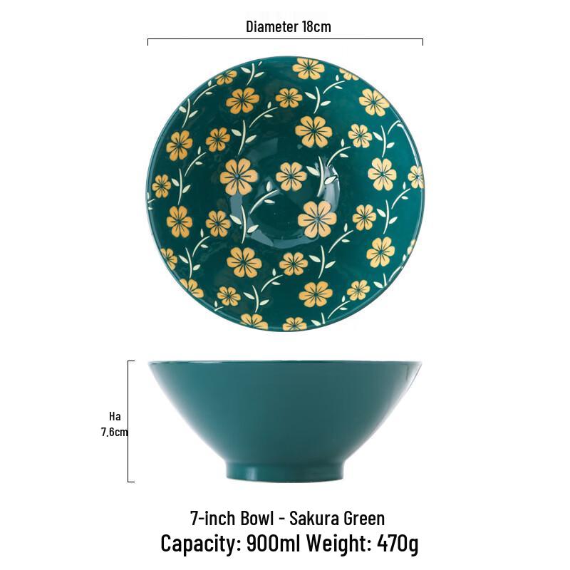 Abay Cherry Blossom Green Conical Ceramic Noodle & Salad Bowls