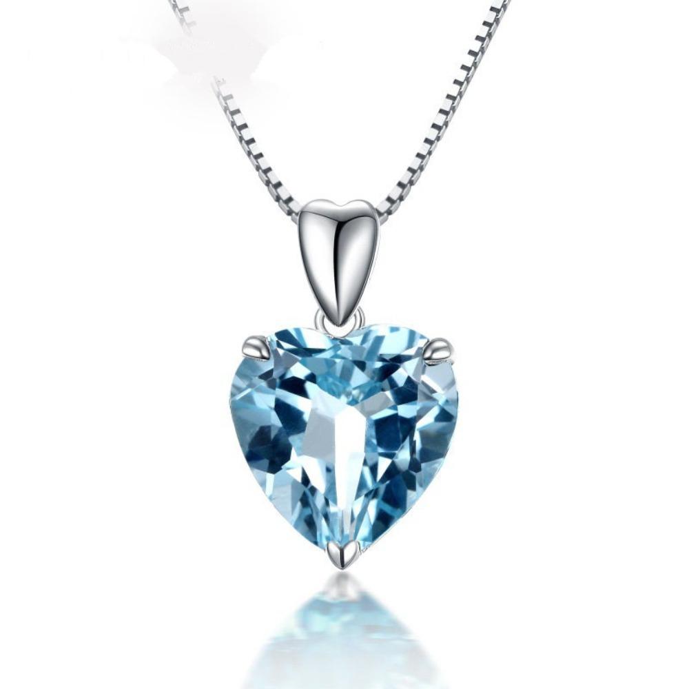 Ocean Heart Blue Crystal Necklace 925 Silver Plated Synthetic Topaz Pendant Jewelry Gift