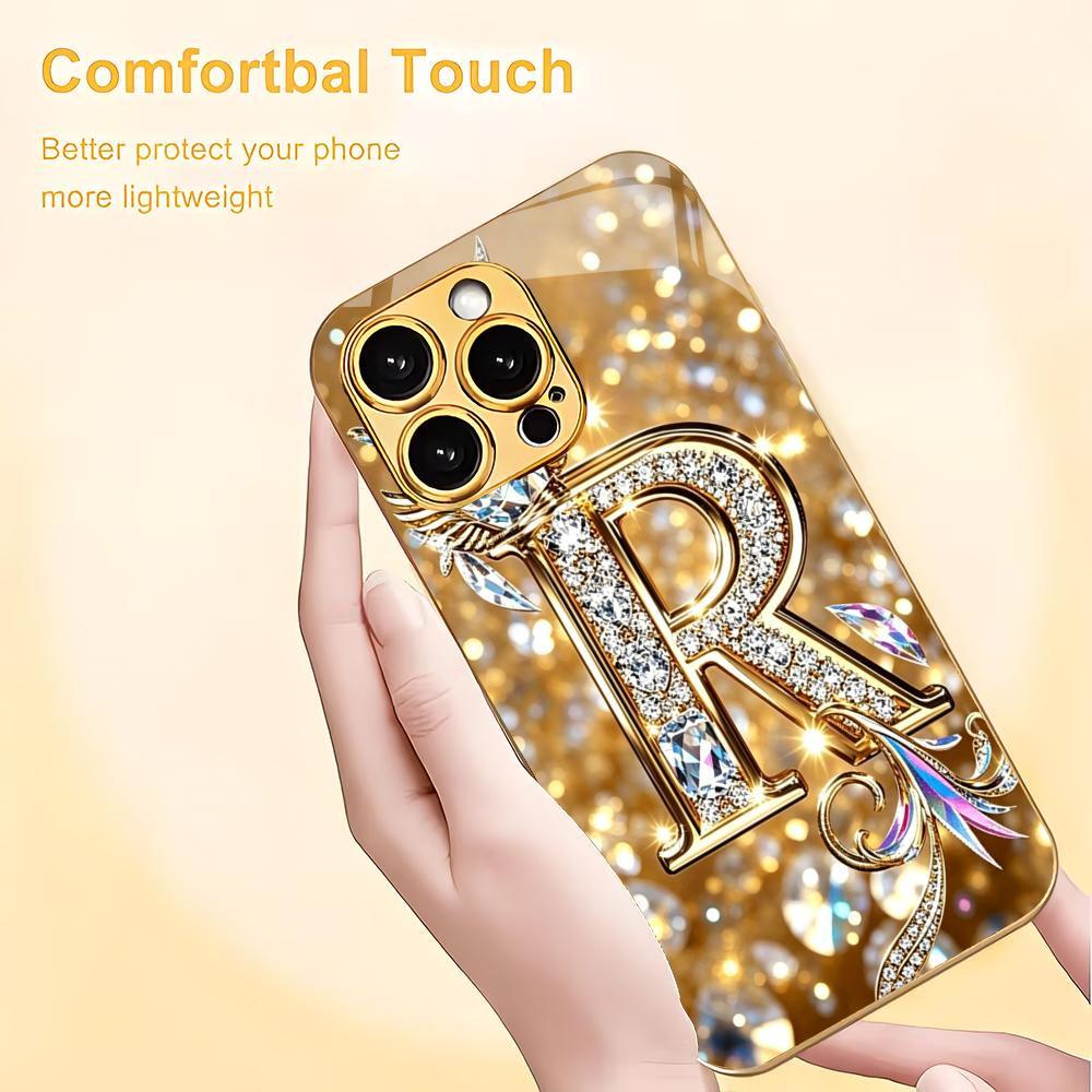 The Letter R Gold Plated Glass Phone Case Is Suitable for iPhone 17 16 15 14 13 12 11 Pro/Max/Plus Shockproof Back Cover
