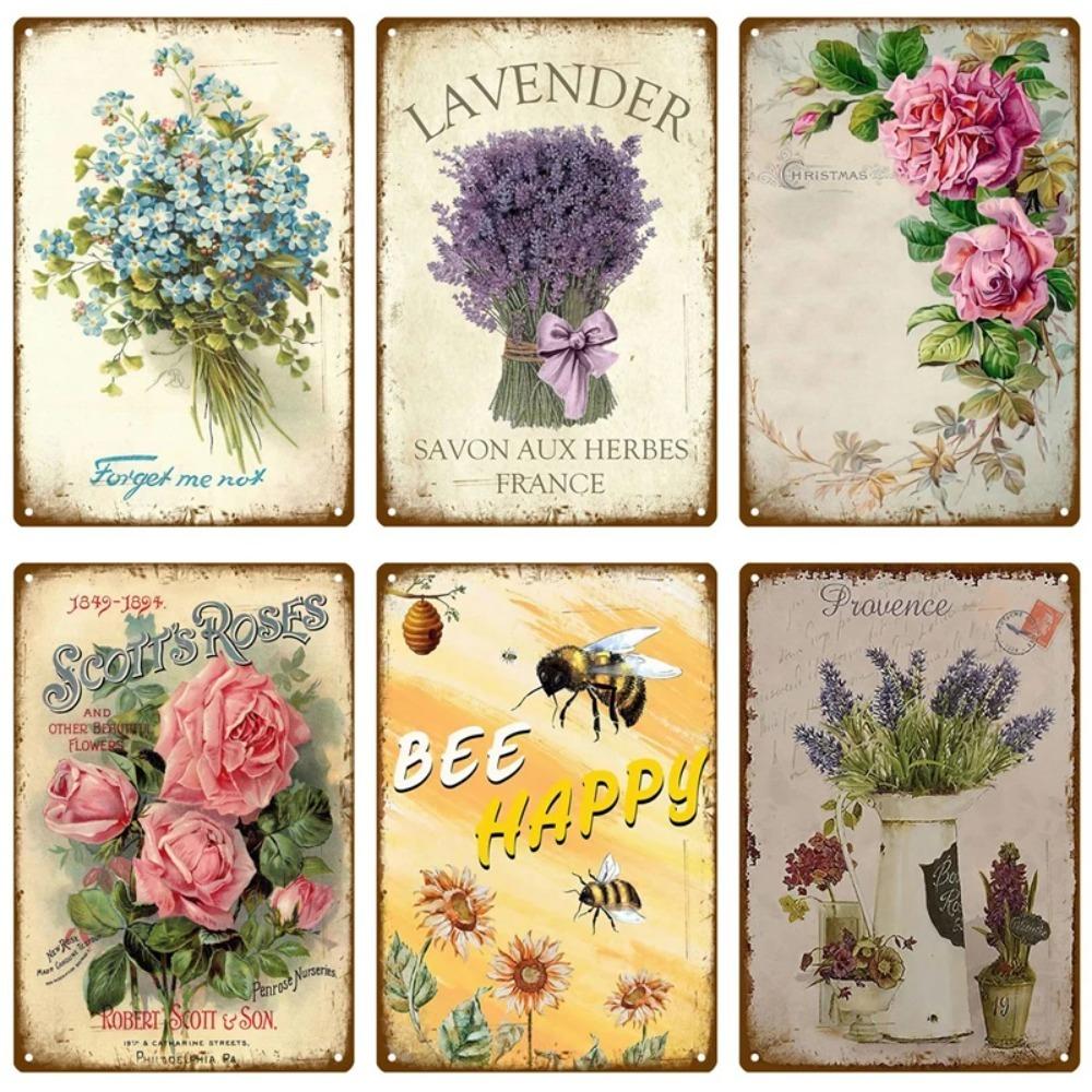 Lavender Metal Wall Art Vintage Flower Tin Sign for Home Kitchen Garden Decoration