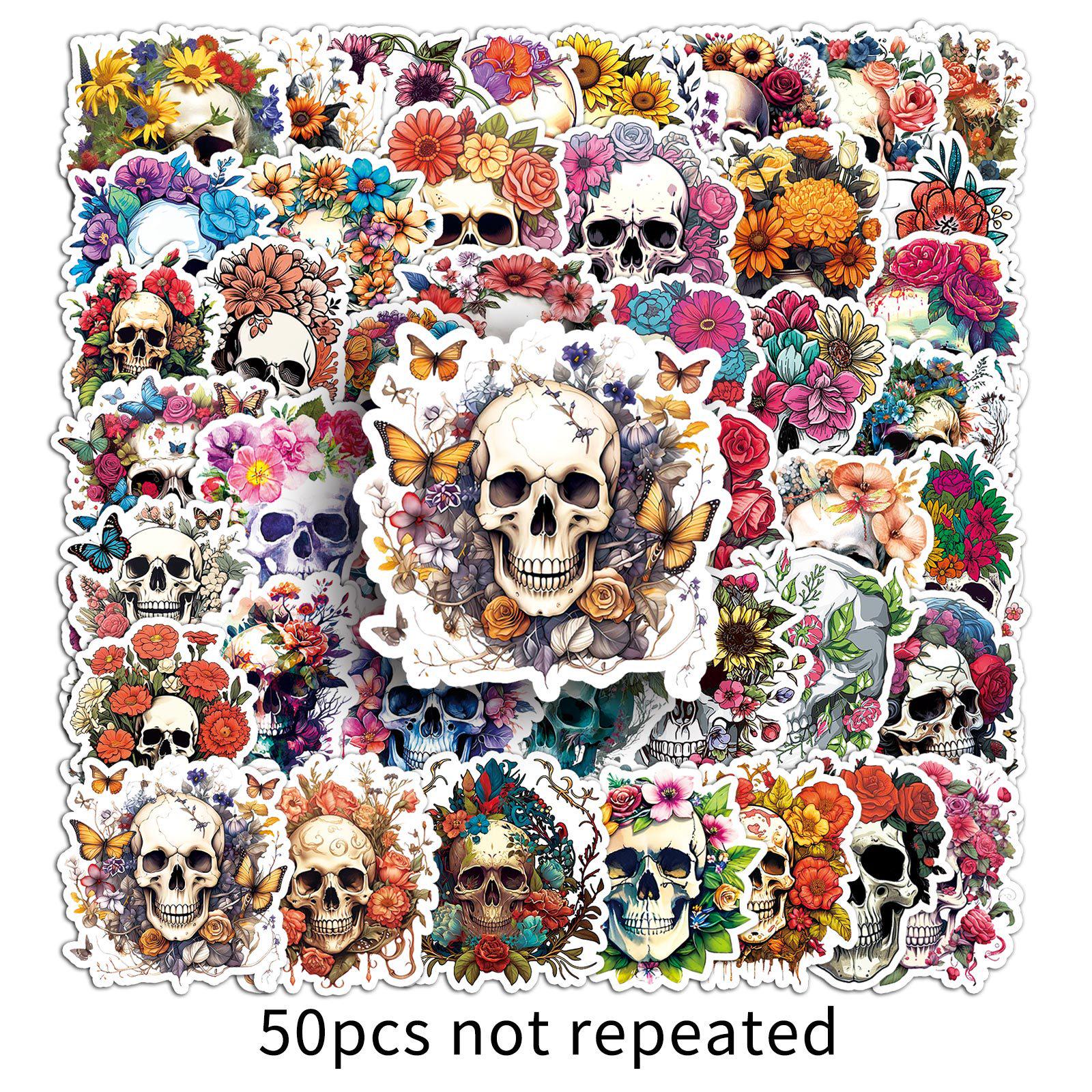 50pcs Flower Skull Graffiti Stickers - Trendy Horror Decorations for Suitcases, Computers, and Skateboards