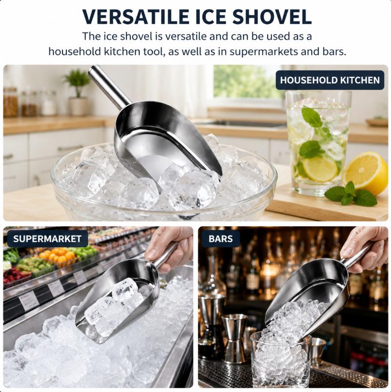 Multi-Purpose Ice Scoop Stainless Steel Food Flour Grain Shovel with Ergonomic Handle Practical for Kitchen Bar Restaurant Use