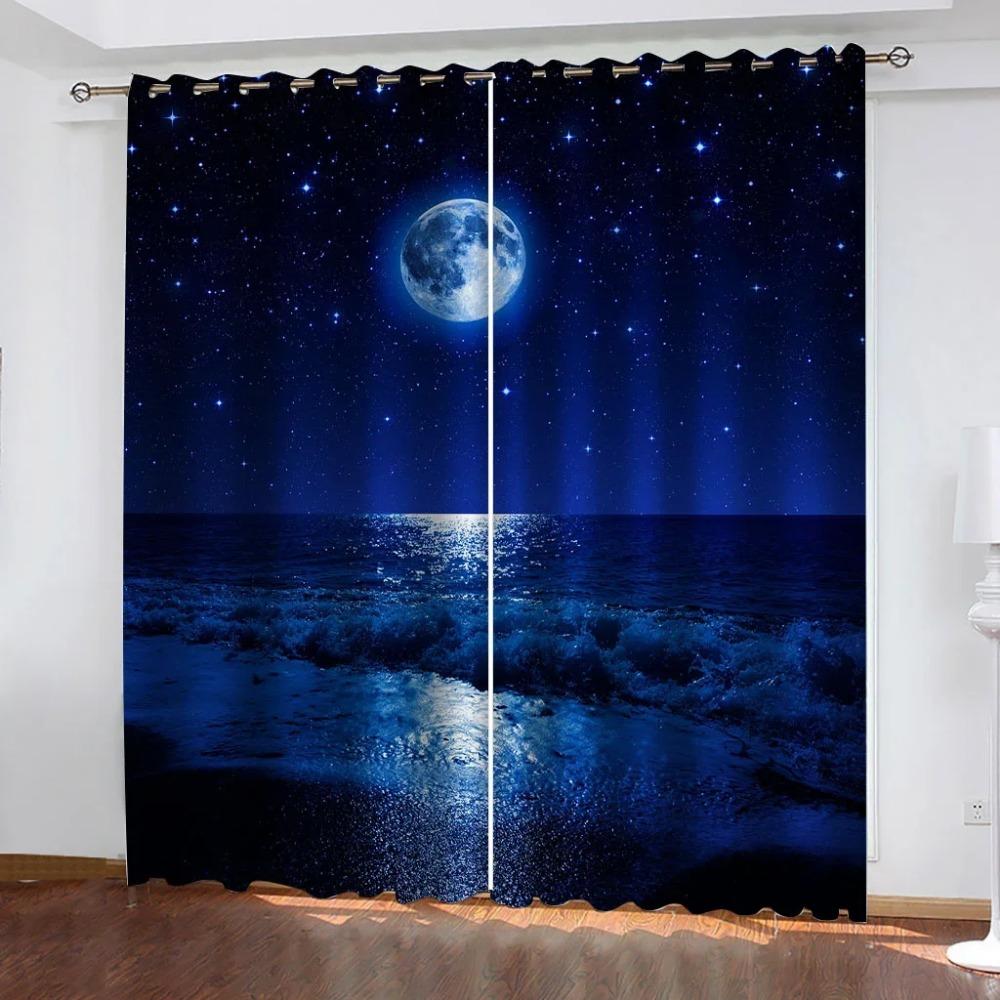 Night Moon Sea Scenery Painting Clackout Window Curtains Living Room Kitchen Drapes Fabric Indoor Home Decoration Drapes Hooks