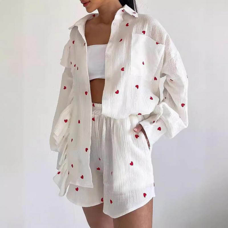 Fashion Ruffle Heart Cotton Linen Homewear Set