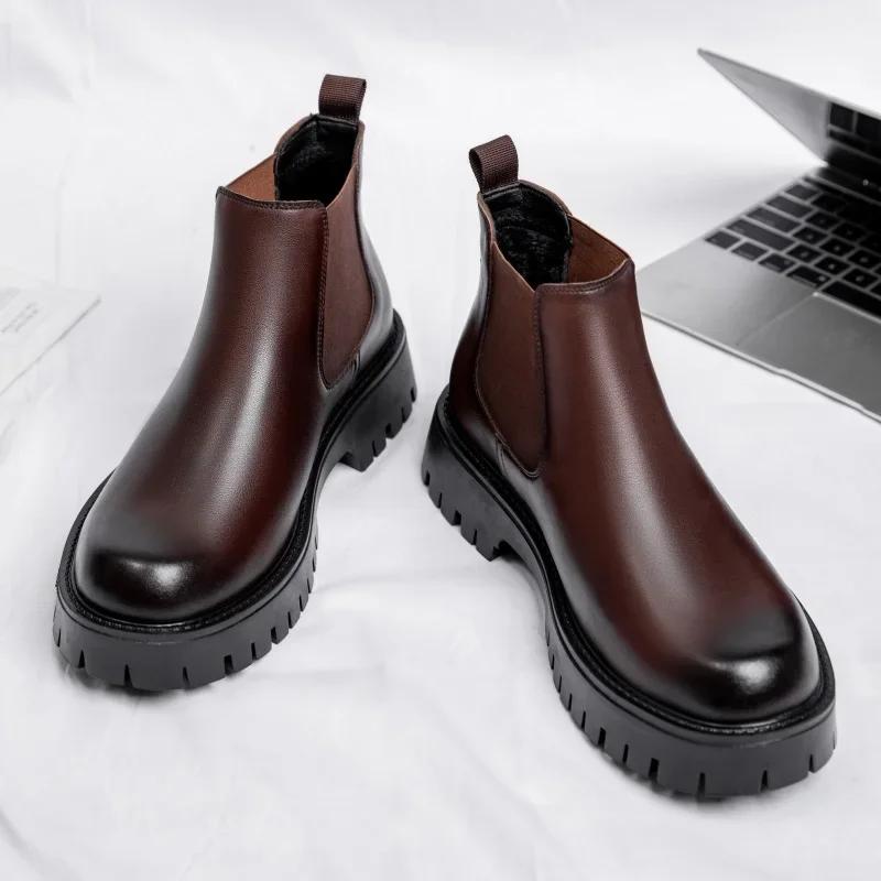 Mode Neue Herren High Top Stiefel Italienische Büro Chelsea Boots Luxusmarke Britischer Stil Lässiger Leder-Knöchelstiefel für Herren Plateau-Stiefel
