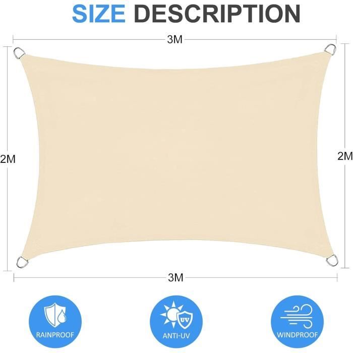 Shade Sail - OUJI - Rectangular 2x3m - Waterproof - UV Resistant - Beige