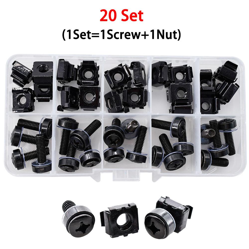 M6x16mm M6x20mm Black Carbon Steel Screw Nut Set For Rack Mount Server Cabinet Shelves Phillips Bolt Cage Nuts Kit 20Set M5 M6