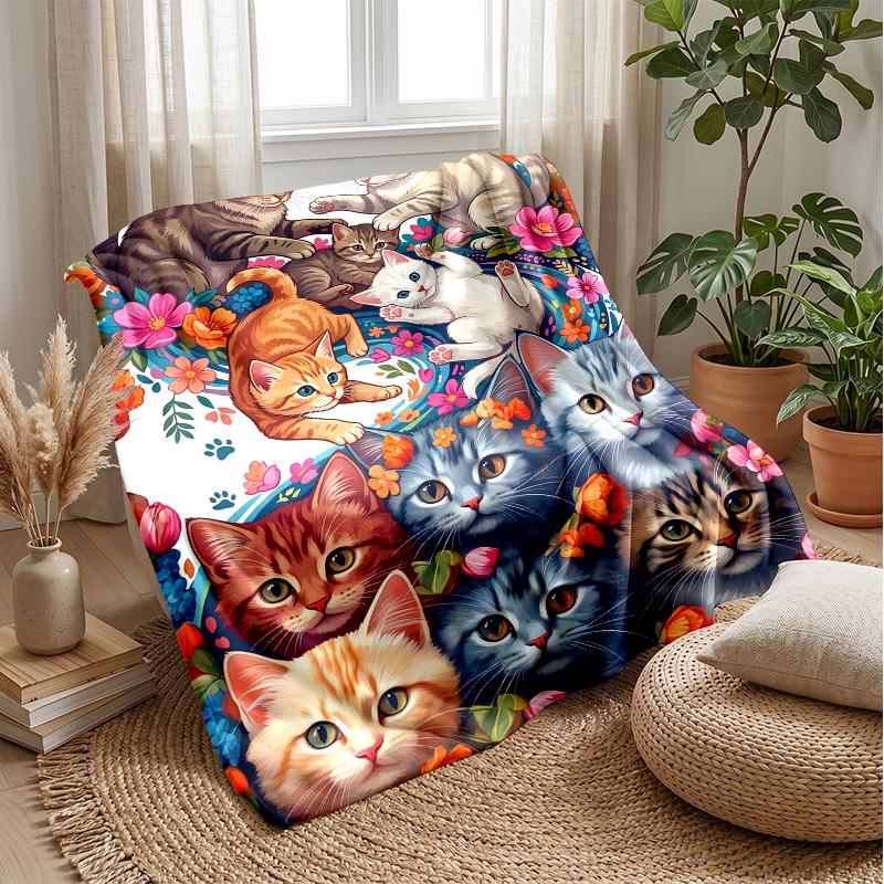 Floral Cats Artwork Theme blanket Lightweight Warm Flannel Blanket Decorative Throw Blanket for Home Decoration