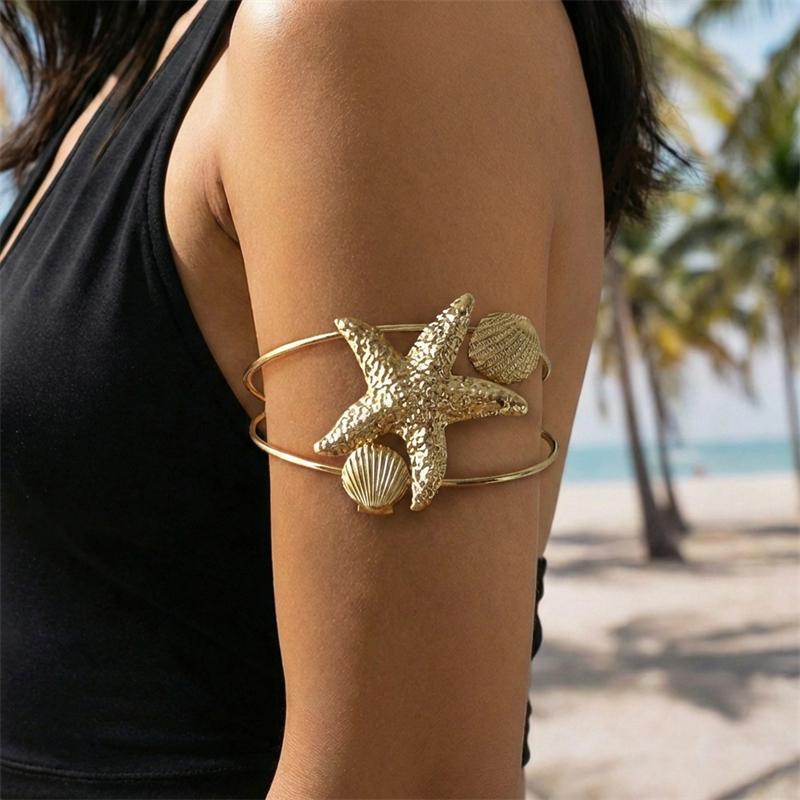 

Bohemian Double Shell Upper Arm Cuff Bracelet Bangle for Women Exaggerated Starfish Armlet Summer Vacation Jewelry Gifts