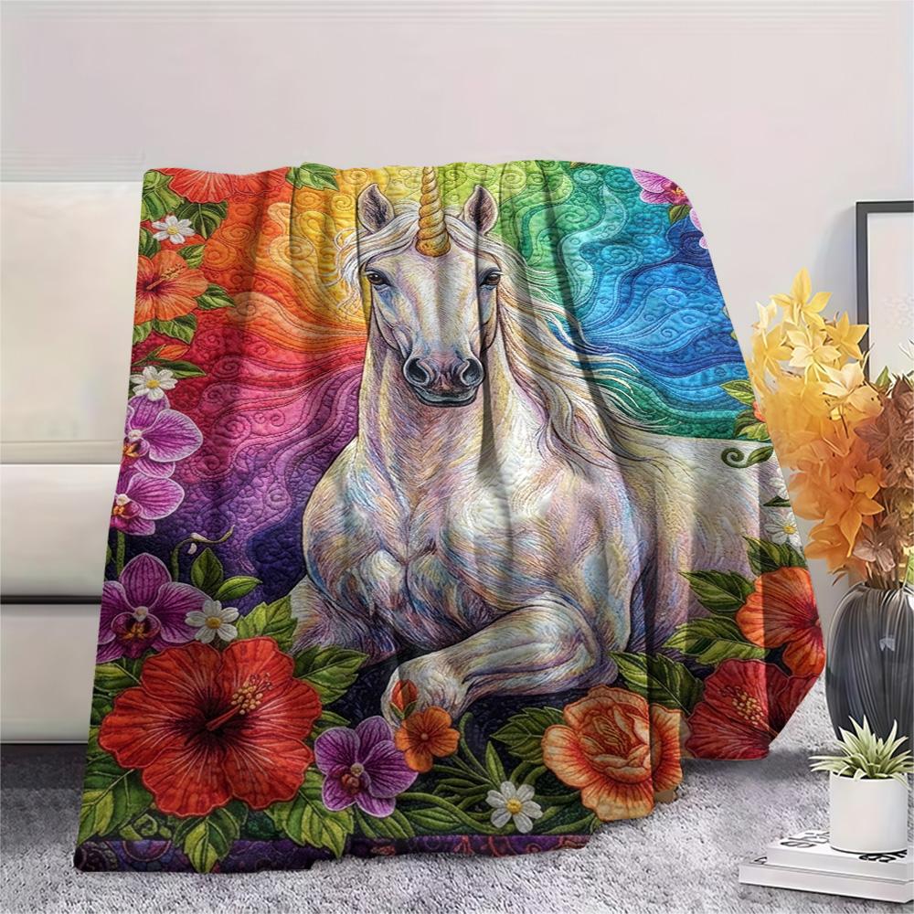 1PC Rainbow Unicorn Art Print FlAannel Blanket, High quality Comfortable for All Seasons, Home Decor, Warmth and Comfort