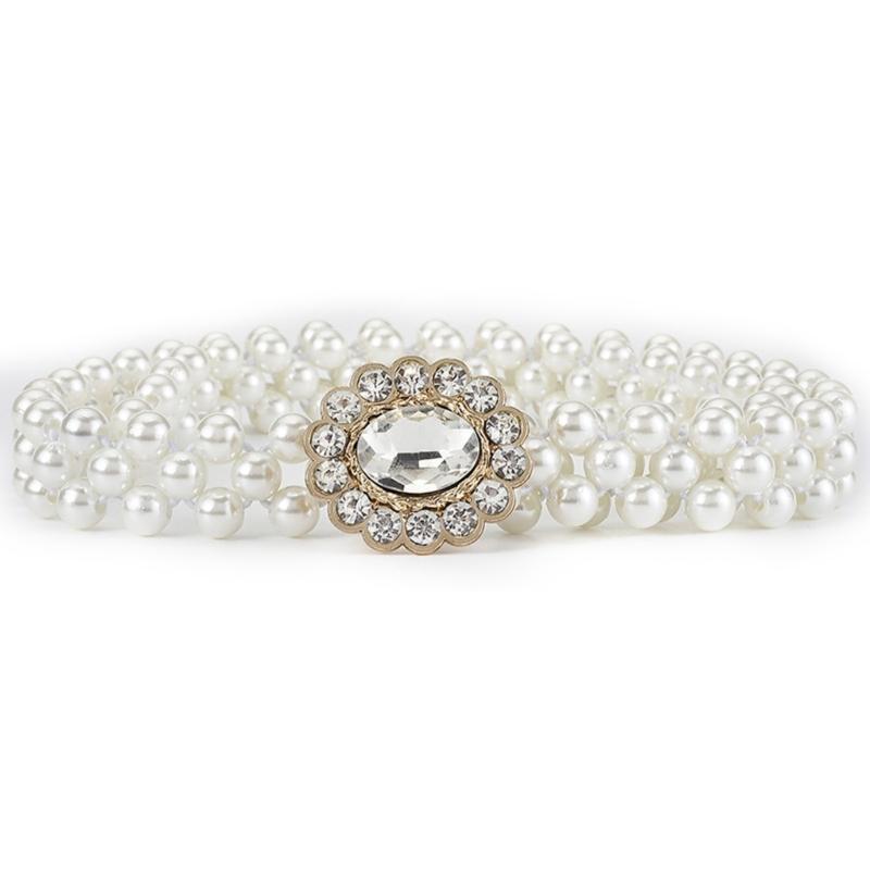 

Elegant Adjustable Waist Accessory Elegant Pearls Waist Belt with Rhinestones Accent Stylish Waistband Adornment