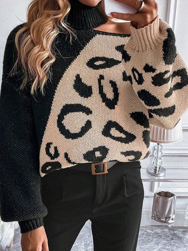 European & American Autumn Winter Leopard Print Off-Shoulder High Neck Sweater for Women