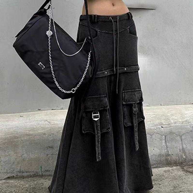 Jmg Clothing Women's Black Detachable Multi-Pocket Tooling Denim Long Skirt Autumn And Winter High Street Loose Slim Long Skirt Cm