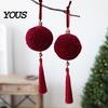 Elegant Holiday Party Supplies Burgundy Flocked Christmas Ball Ornaments with Tassels and Gold Beads, Gift Wrapping Decorations Retro Velvet